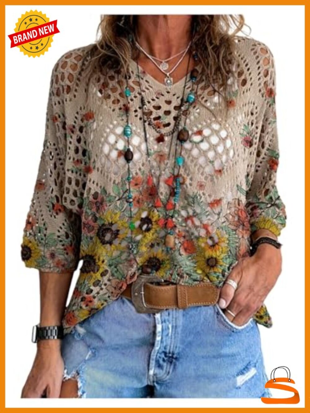 Floral Crochet Pullover Sweater Women 3/4 Sleeve V-Neck Loose Knit Tops - Picture 1 of 2